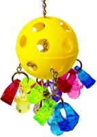 Colorful parrot toy featuring a yellow ball and multi-colored attachments, highlighting the best parrot toy Bonka Bird Toys.