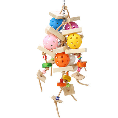 Colorful 3655 Sixball parrot toy hanging with wooden pieces and various balls for birds.