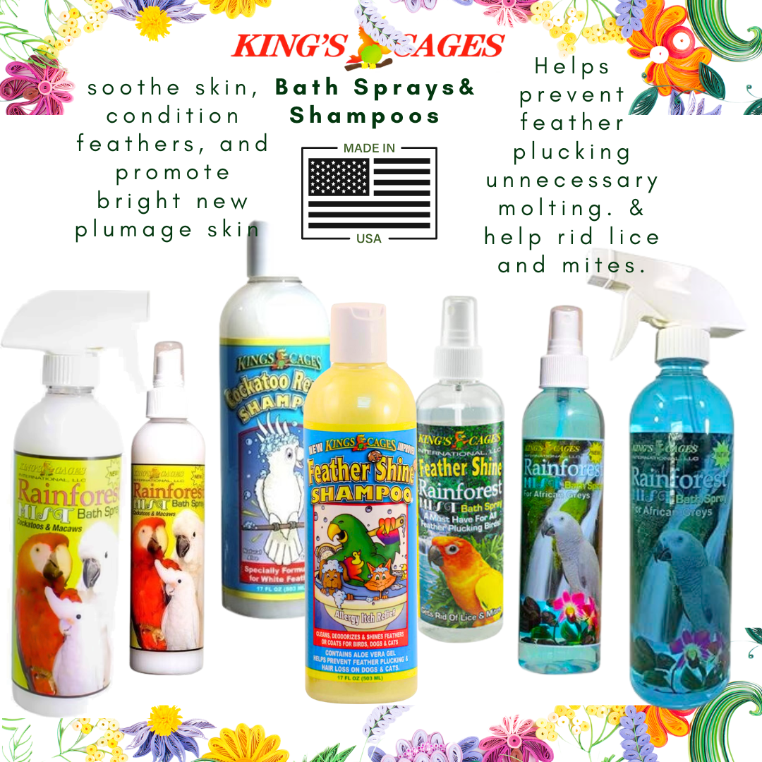 Bath sprays for bird plumage showcased in various bottles, promoting healthy feathers and skin.