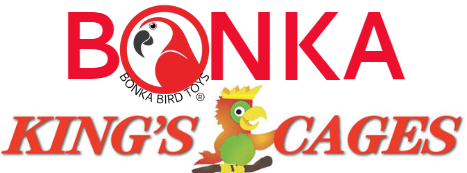 How Bonka Bird Toys Are Made: Logo of Bonka Bird Toys and King's Cages in colorful design.