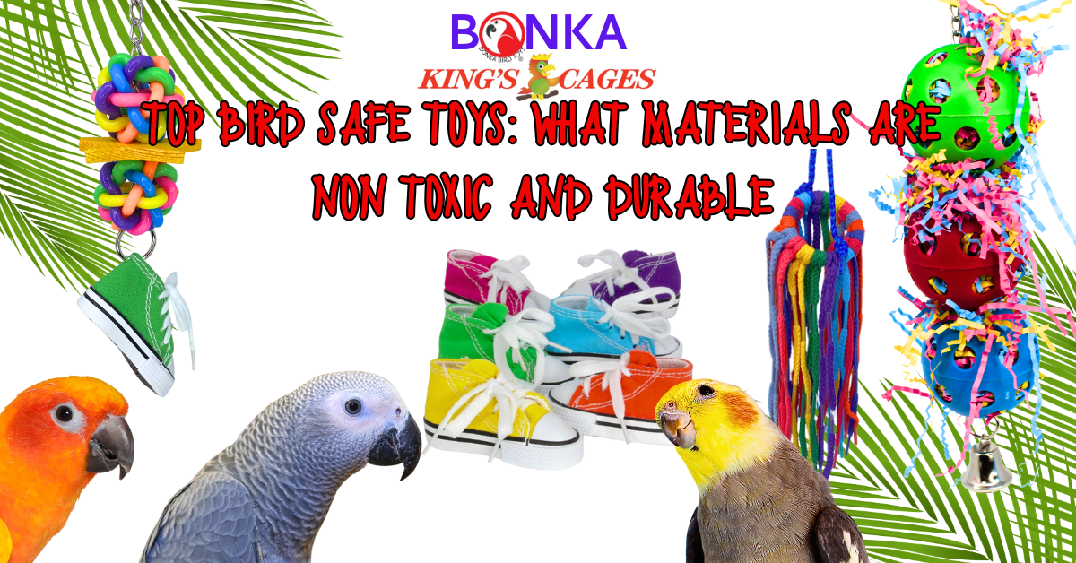 Colorful birds with toys featured in article about Top Bird-Safe Toys, focusing on non-toxic and durable materials.