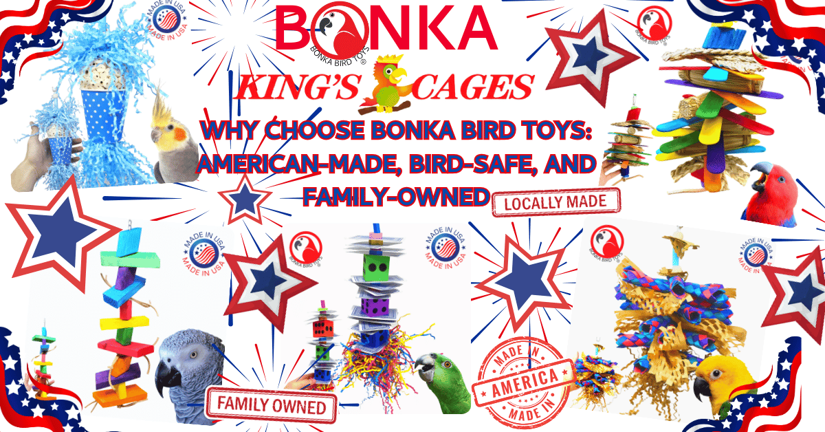 Colorful display of Bonka's American-made bird toys for pets and avian enthusiasts.