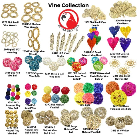 Vine collection of wicker and vine bird toys featuring various sizes and colorful options for bird playtime.
