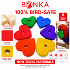Colorful wooden heart bird toys for healthy chewing, made with natural wood and bird-safe coloring