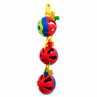 Colorful plastic parrot toy with three balls, beads, and bells for chewing and foraging enrichment