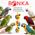 Colorful parrot toy with purple and yellow balls, beads, and foraging holes, surrounded by curious parrots