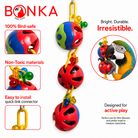 Colorful plastic parrot toy with red, blue, green balls and beads for active play, safe for small to medium birds