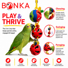 Green parrot playing with colorful plastic bird toy featuring chewing, swinging, and foraging enrichment activities.
