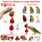 Colorful hanging bird toy with plastic balls for chewing, foraging, and beak conditioning, ideal for medium to large parrots