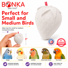White strawberry-shaped bird toy for small to medium parrots, safe chewable enrichment with calcium support