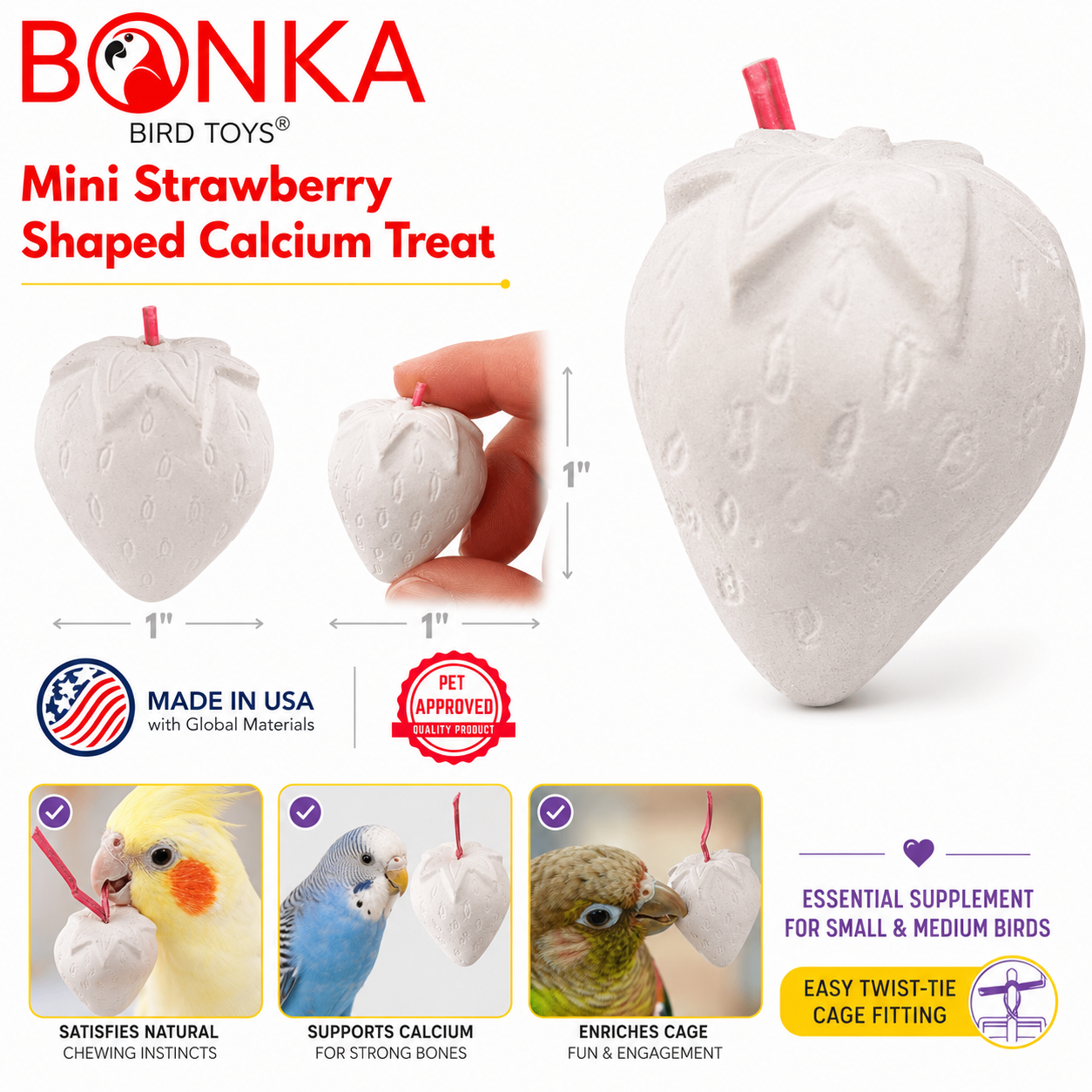 Mini strawberry-shaped calcium treat for small and medium birds, supports strong bones and satisfies chewing instincts