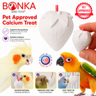 Strawberry-shaped calcium bird toy for parrots, supports chewing instincts, made in USA, pet approved