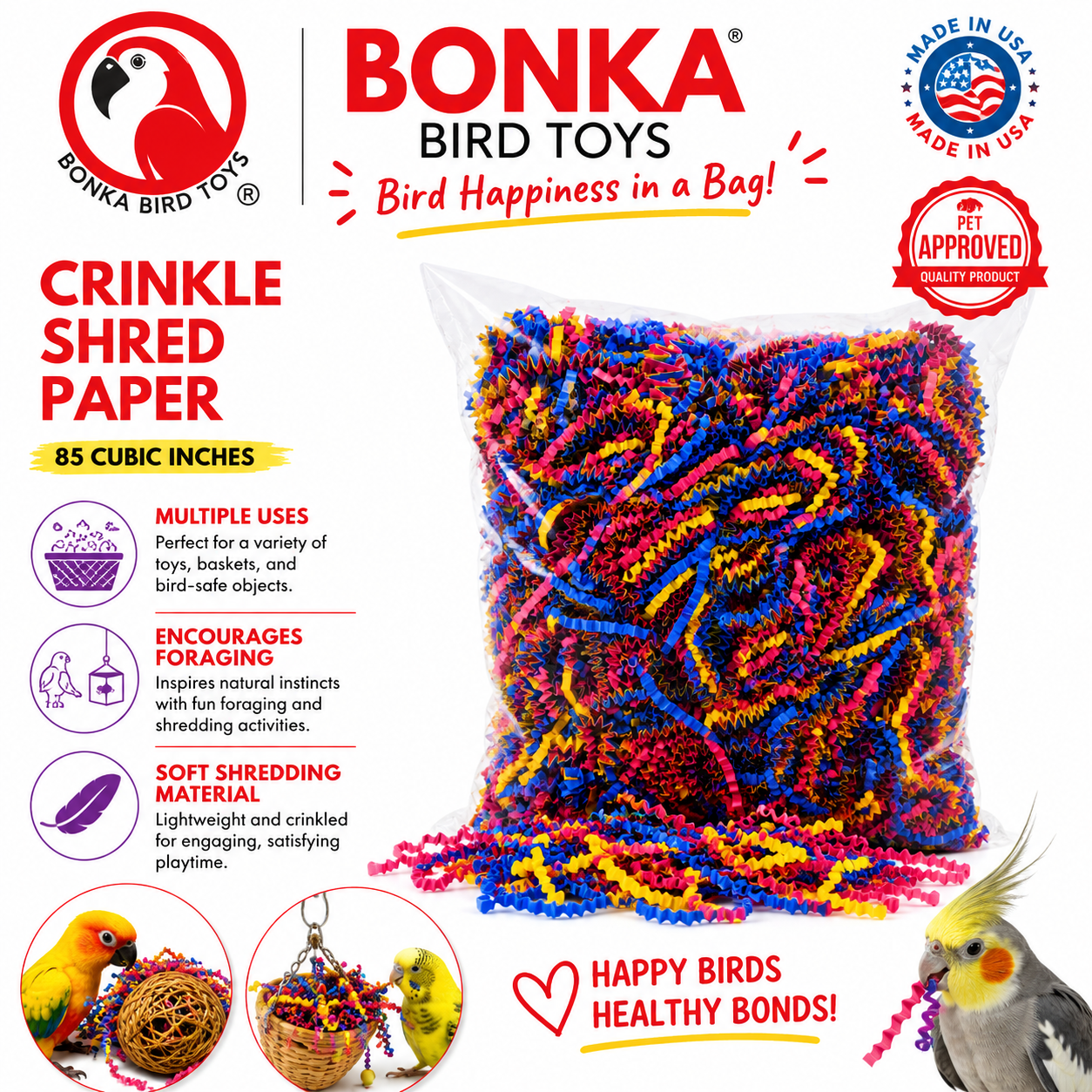 Colorful crinkle shred paper bird toy for foraging, made of soft, safe material in blue, pink, yellow, and black