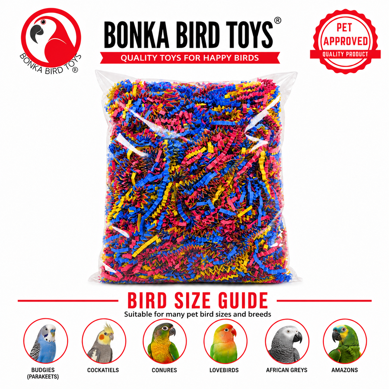 Colorful crinkle paper bird toy shreds for parrots, budgies, cockatiels, suitable for multiple bird sizes