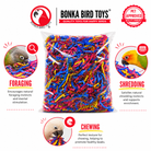 Colorful paper shredding toy for parrots, encourages foraging, chewing, and shredding enrichment activities.
