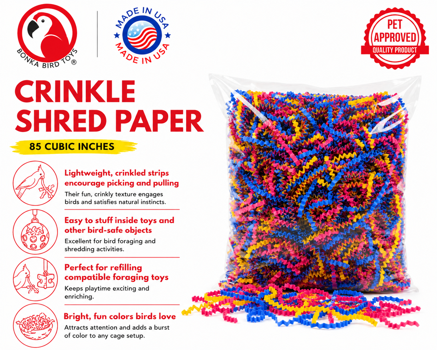 Colorful crinkle shred paper for parrot toys, encourages picking and pulling, safe for foraging and shredding activities