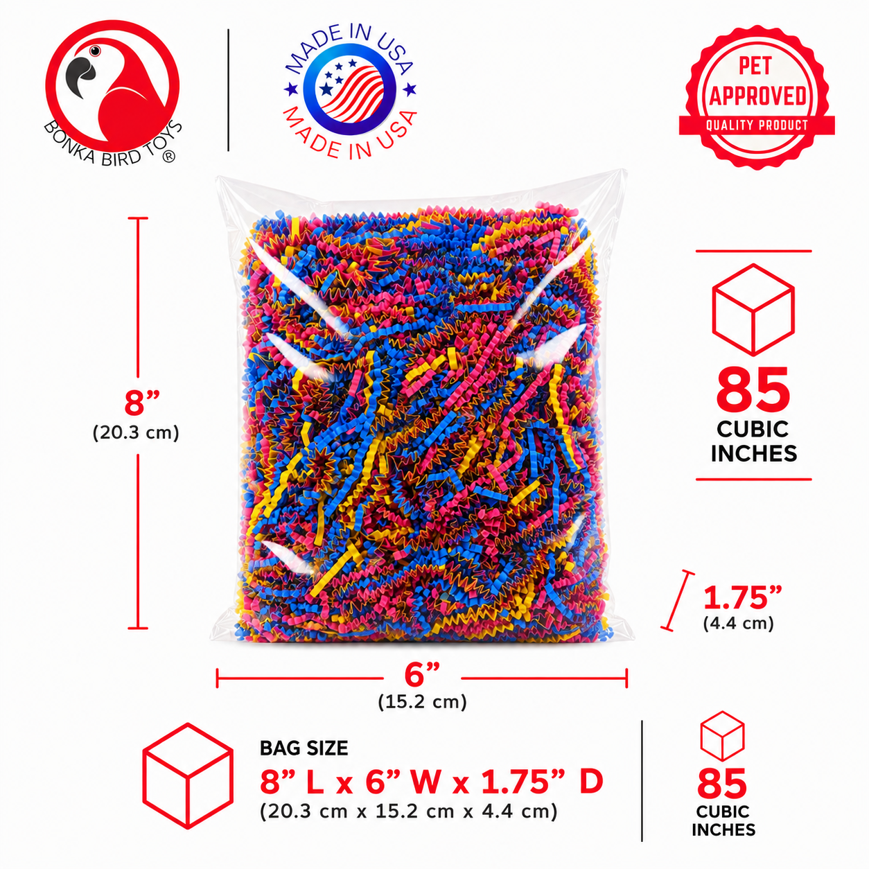Colorful crinkle paper shreds for bird toy enrichment, 85 cubic inches, safe for parrots