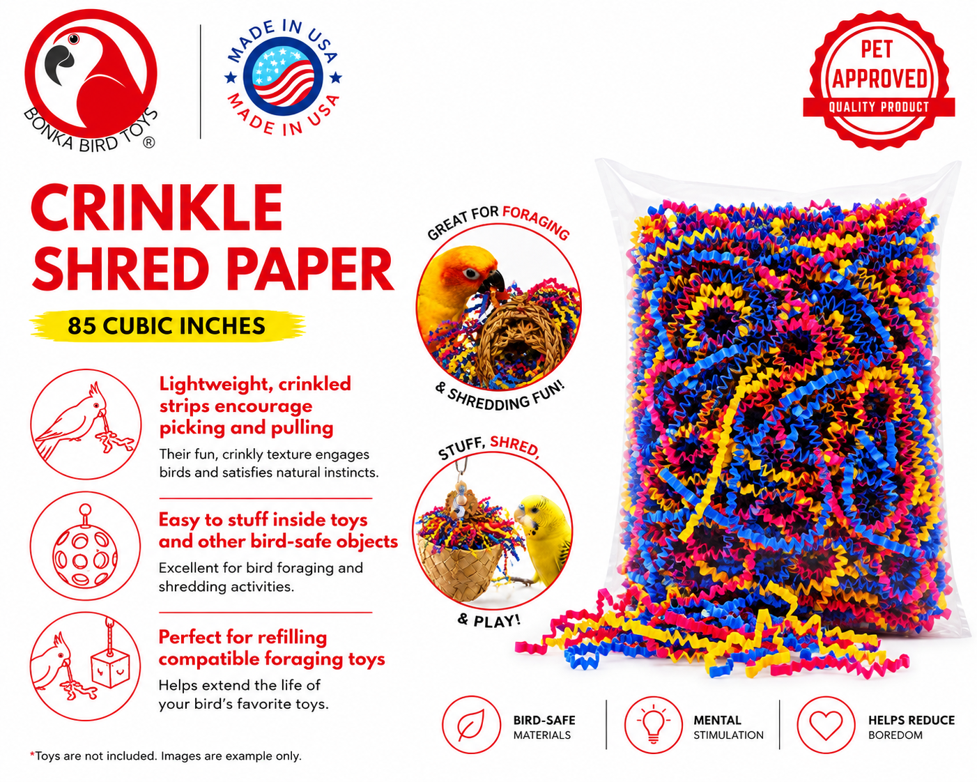 Colorful crinkle shred paper for bird foraging and shredding, made in USA, bird-safe materials