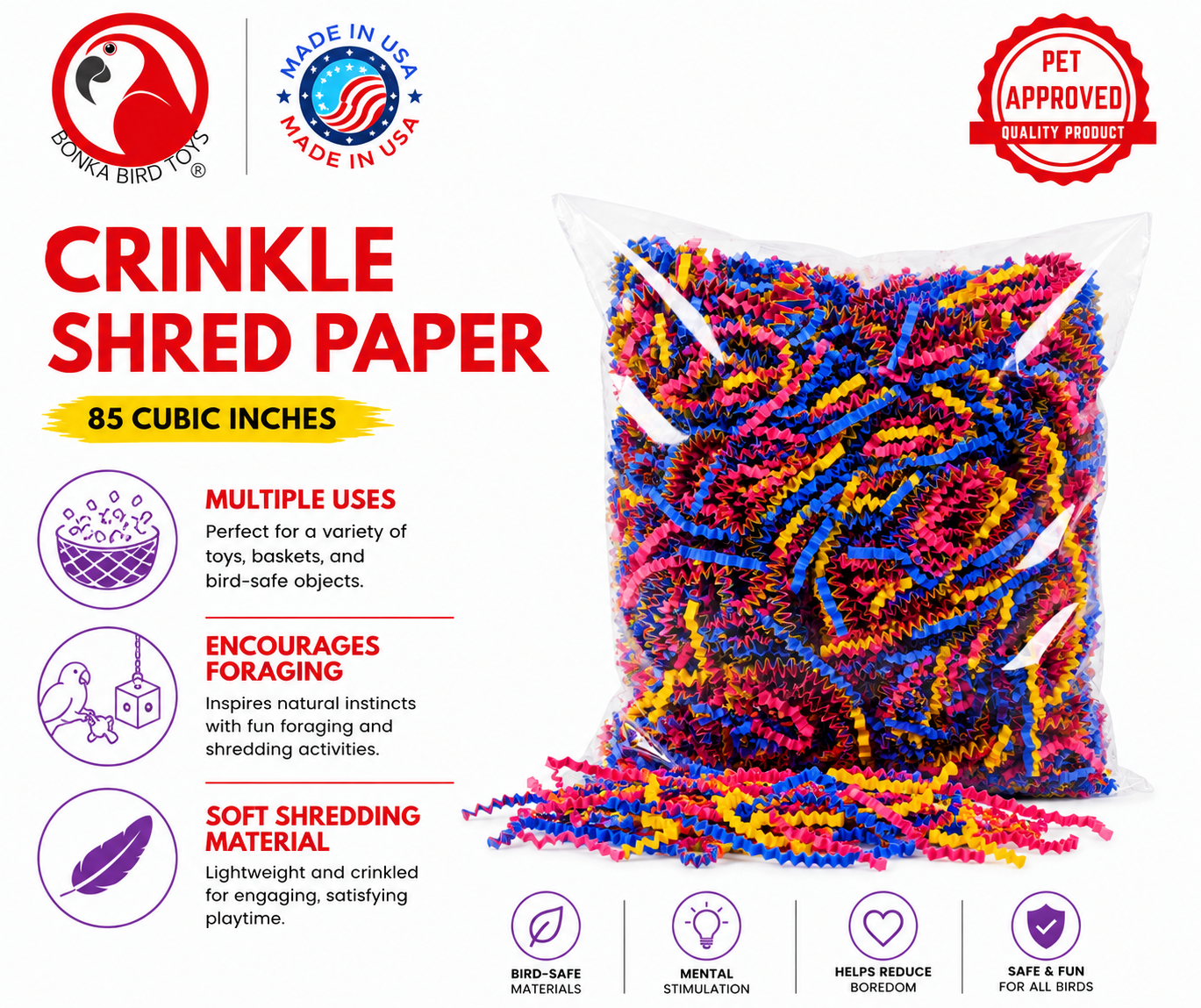 Colorful crinkle shred paper bird toy for foraging, made of soft, safe materials in blue, pink, yellow