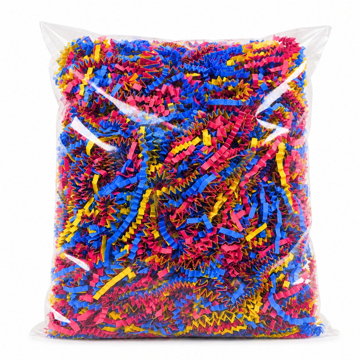 Colorful crinkle paper shreds for bird foraging enrichment in a clear bag