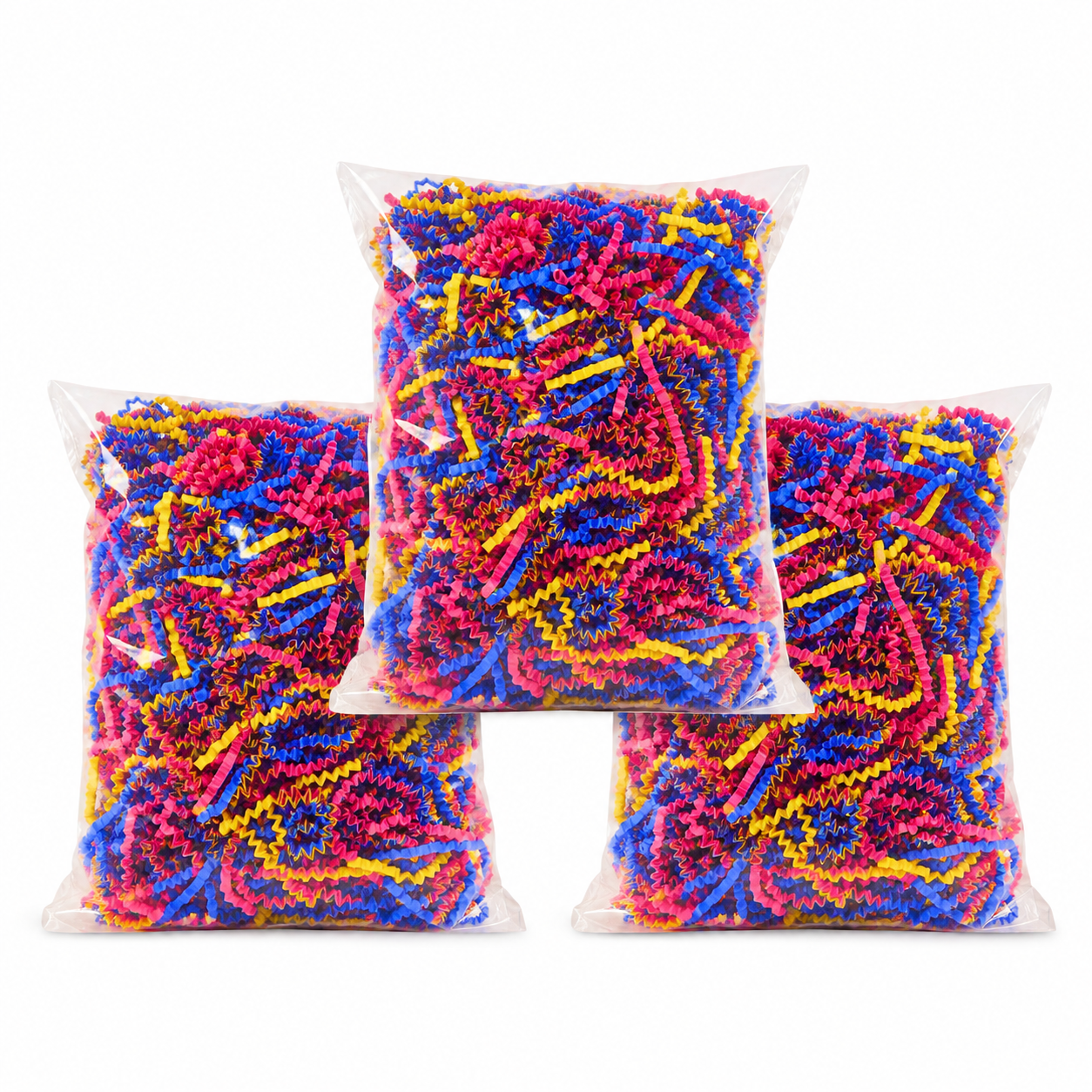 Colorful paper shred bird toy parts in clear bags for parrot enrichment, pink blue yellow