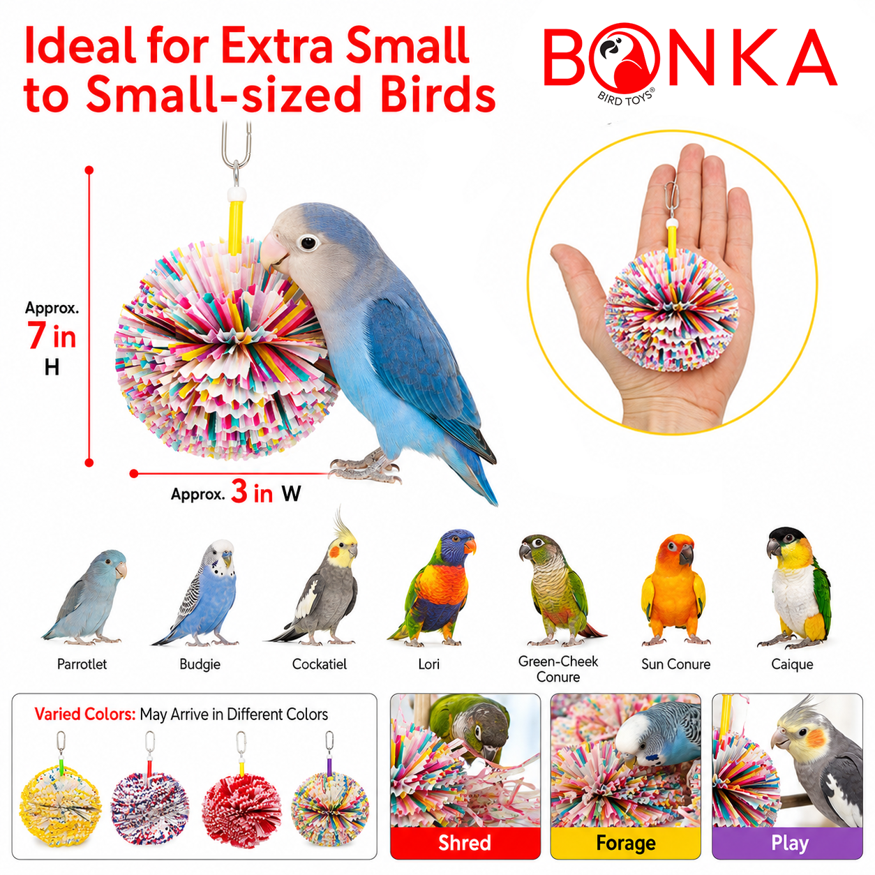 Paper Puff Bird Toy color options for parrots