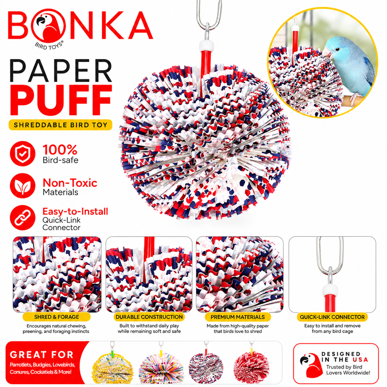 Paper Puff Bird Toy assortment for chewing and shredding