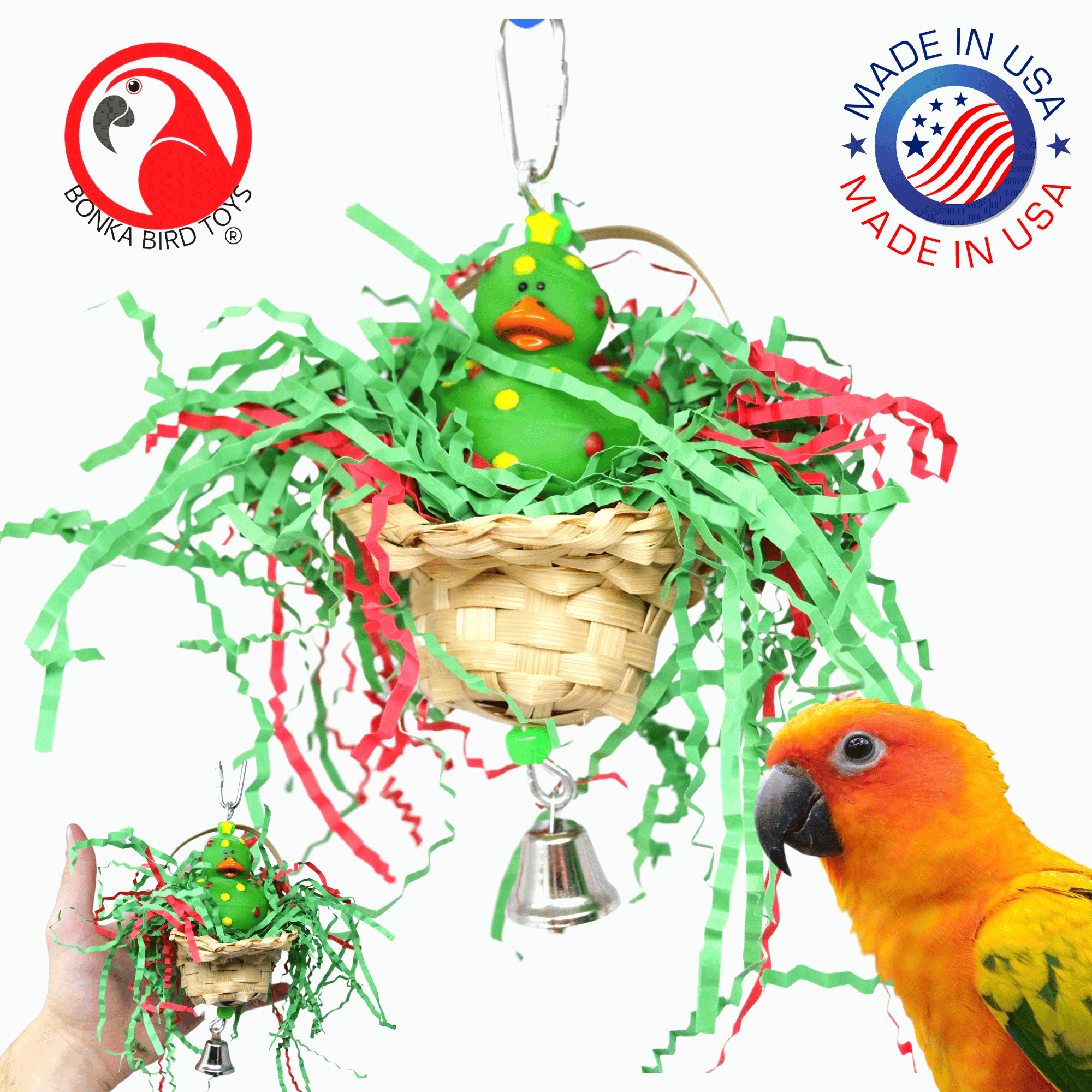 3578 Christmas Twinkle Duck Green Basket - Bonka Bird Toys