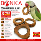 Coconut shell slice bird toy for parrots, natural chewable ring with textured surface, safe enrichment for medium to large birds