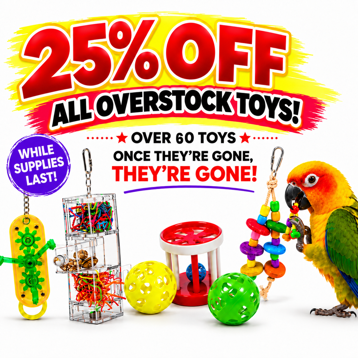 25% off overstock bird toys, over 60 toys, while supplies last