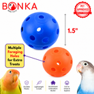 Blue and orange plastic foraging balls with holes for bird treats, durable and safe parrot toys