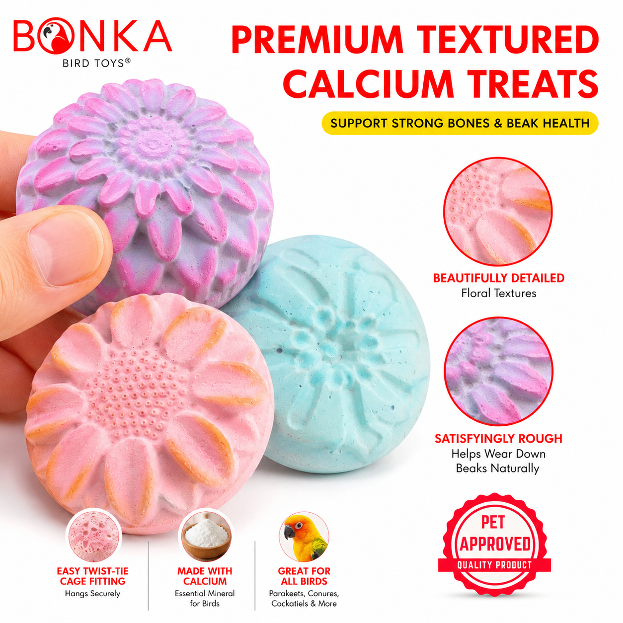 Bonka Bird Toys calcium treats in pink, purple, and blue floral shapes for beak health and enrichment