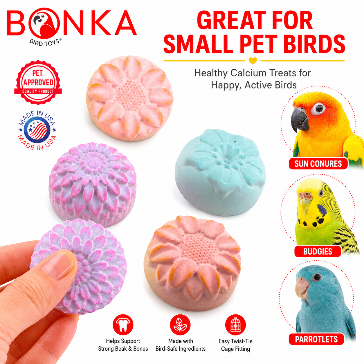 Flower-shaped calcium bird treats in pink, purple, blue for small pet birds like budgies and parrotlets