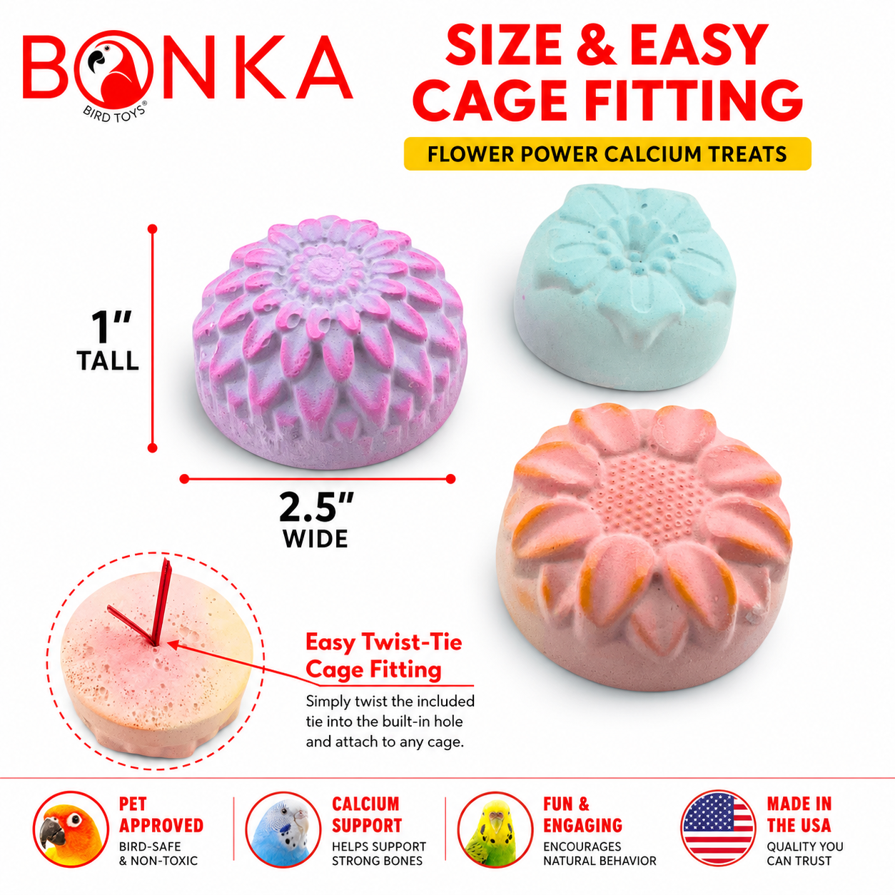 Flower-shaped calcium bird treats in pink, blue, and peach, 1” tall, easy twist-tie cage fitting for parrots