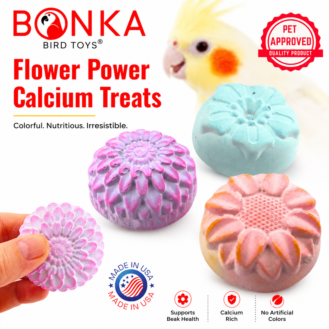 Bonka Flower Power Calcium Treats for birds, colorful flower-shaped mineral blocks supporting beak health, made in USA