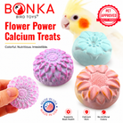 Bonka Flower Power Calcium Treats for birds, colorful flower-shaped mineral blocks supporting beak health, made in USA