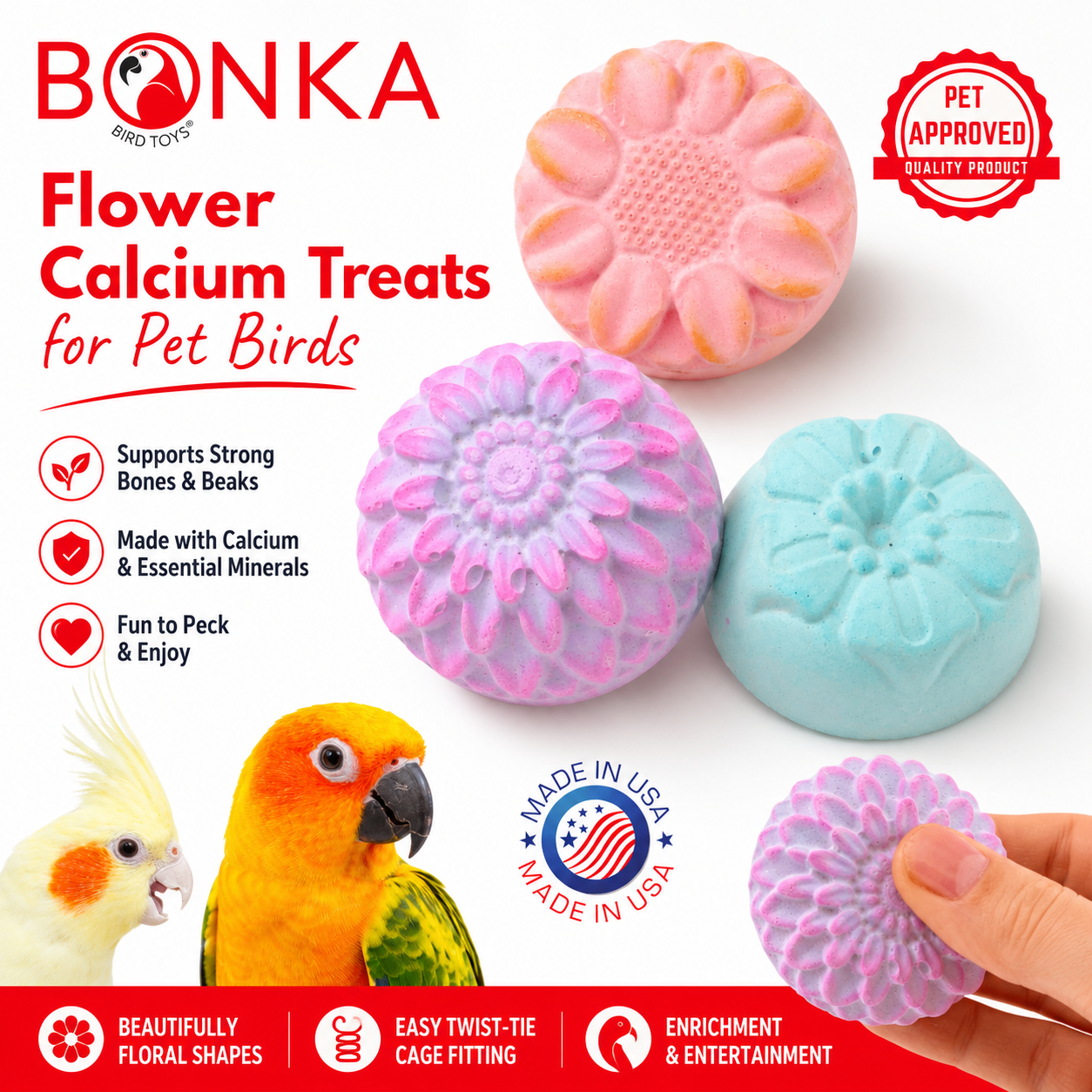 Flower-shaped calcium bird treats in pink, purple, and blue for parrot enrichment and beak health
