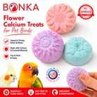 Flower-shaped calcium bird treats in pink, purple, and blue for parrot enrichment and beak health
