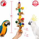 Colorful wooden parrot toy with rope, 35 inches tall, for bird enrichment and chewing