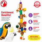 Colorful wooden parrot toy with rope for climbing and chewing, designed for large birds' enrichment and play.
