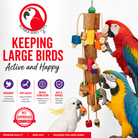 Parrot toy with wood blocks, rope, and colorful cubes for large birds to chew and climb