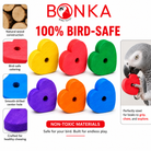 Colorful wooden heart bird toys in yellow, red, green, purple, orange, blue for parrot chewing and play