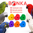 Colorful wooden heart-shaped bird toy parts for parrots, safe materials, handmade in USA