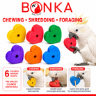 Colorful wooden heart bird toys for chewing, shredding, foraging; parrot playing with red heart