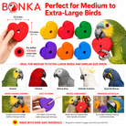 Colorful wooden heart bird toys for medium to extra-large parrots, featuring pre-drilled holes for stringing and safe chewing enrichment.