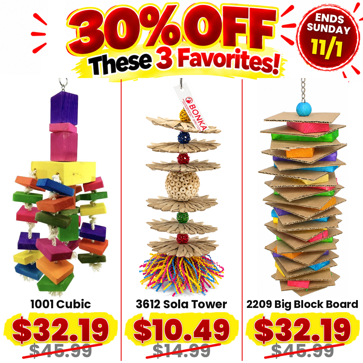 30% off bird toy favorites, ends Sunday 11/1
