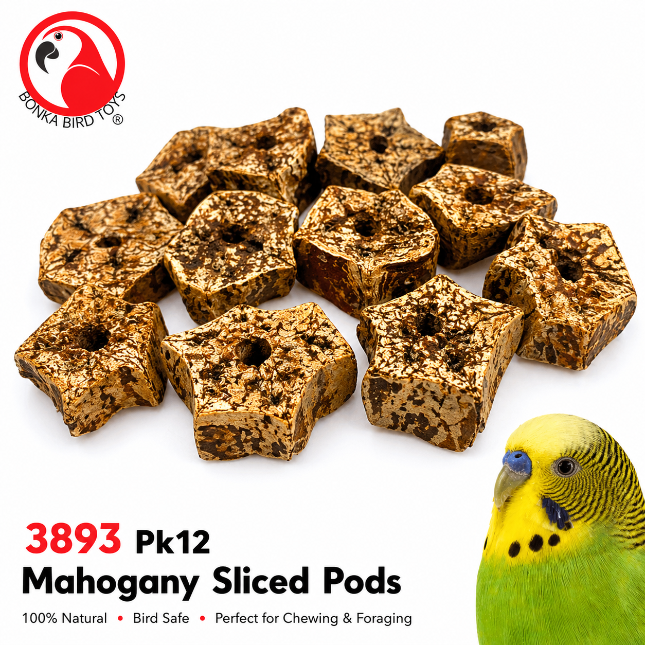 3893 Pk12 Natural Mahogany Sliced Pods - Bonka Bird Toys