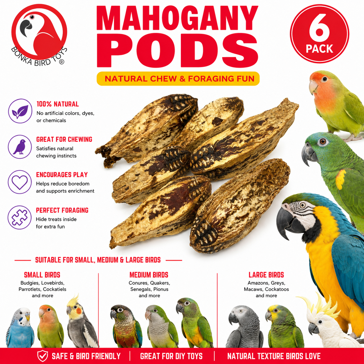 2449 Pk6 Mahogany Pods - Bonka Bird Toys