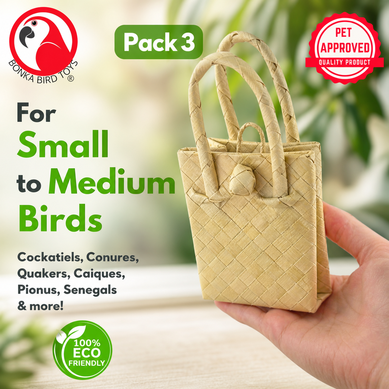 3298 Pk3 Palm Leaf Bag - Bonka Bird Toys