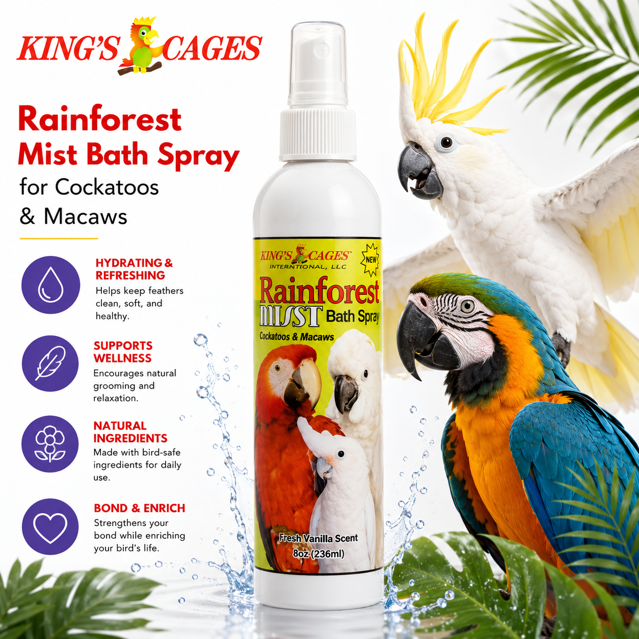 White Rainforest Mist Cockatoos and Macaw 8oz - Bonka Bird Toys